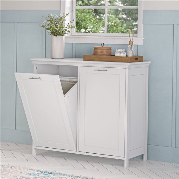 RiverRidge Home Somerset White Double Tilt-Out Laundry Room Hamper Storage Cabinet w/ Removable Cloth Storage Bags