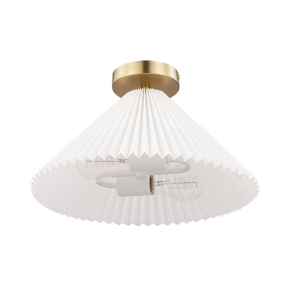 Novogratz x Globe 2-Light Matte Brass Flush Mount Ceiling Light with Off-White Pleated Fabric Shade