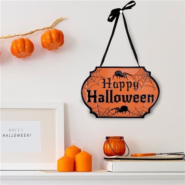 Northlight 10-in Orange and Black Cauldron Pot "Happy Halloween" Metal Wall Sign