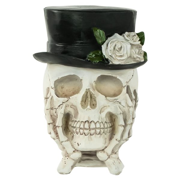 Northlight 9-in Skull with Top Hat and Roses Halloween Decoration