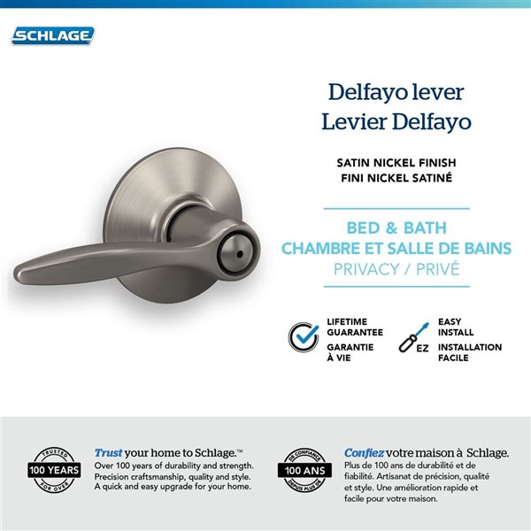 Schlage Delfayo Bed/Bath Privacy Door Lock Handle Lever Rated AAA - Satin Nickel