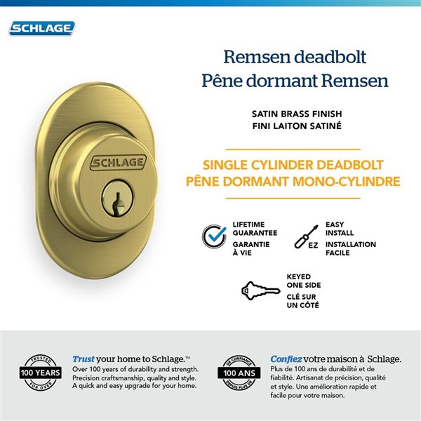 Pêne dormant à barillet simple Schlage pour porte extérieure à garniture Remsen classé AAA, laiton satiné