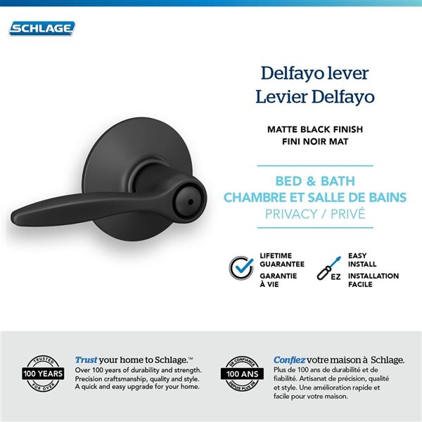 Schlage Delfayo Bed/Bath Privacy Door Lock Handle Lever Rated AAA - Matte Black