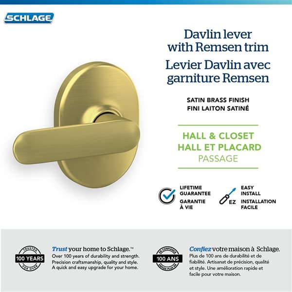 Schlage Davlin Hall/Closet Passage Interior Door Handle Lever with Remsen Trim Rated AAA - Satin Brass