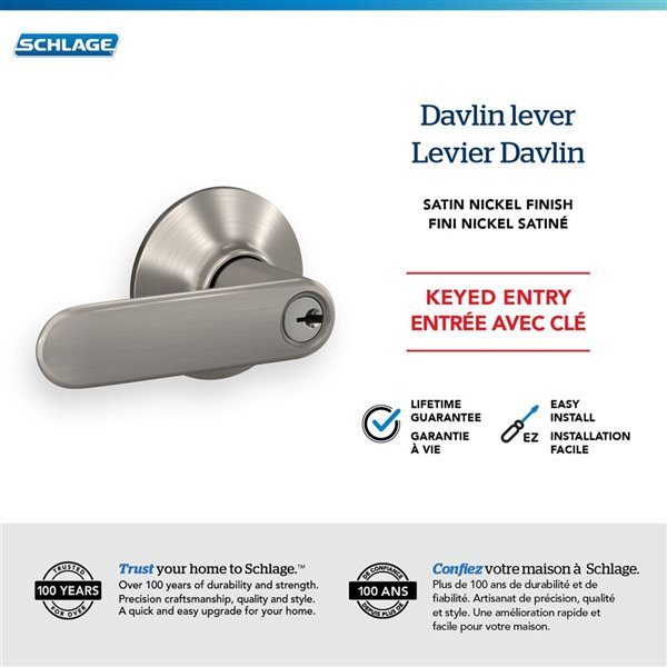 Poignée de porte extérieure bec-de-cane Davlin de Schlage à clé classée AAA, satin nickel