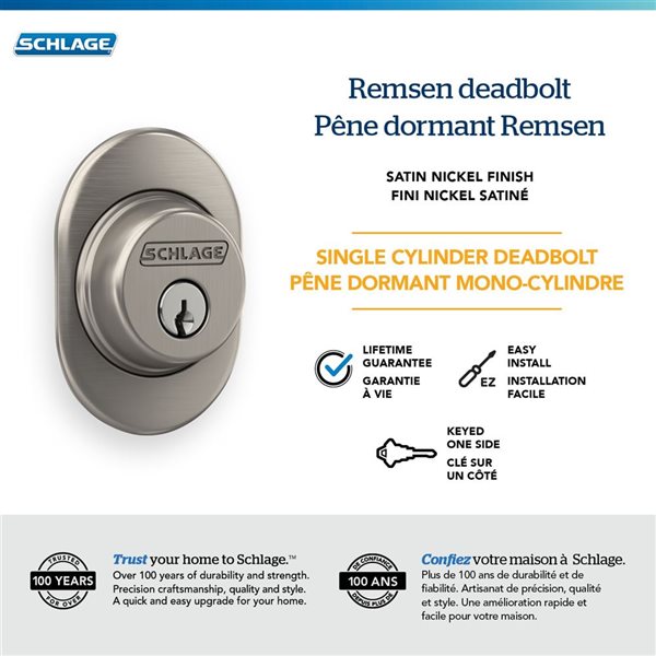 Pêne dormant à barillet simple Schlage pour porte extérieure à garniture Remsen classé AAA, nickel satiné