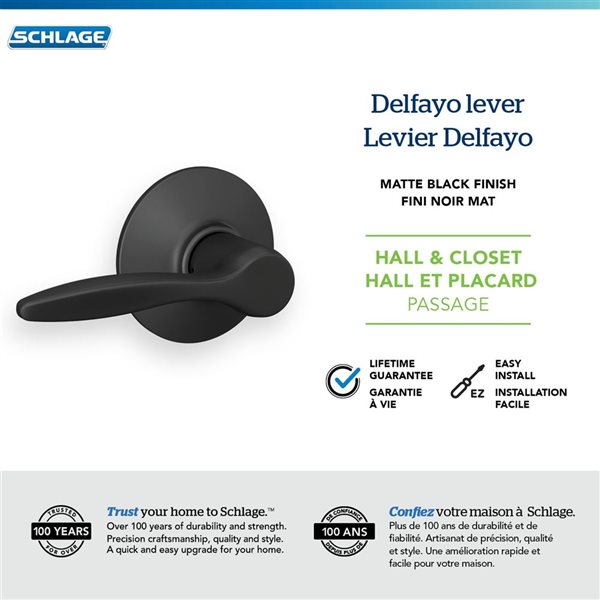 Schlage Delfayo Hall/Closet Passage Interior Door Handle Lever Rated AAA - Matte Black