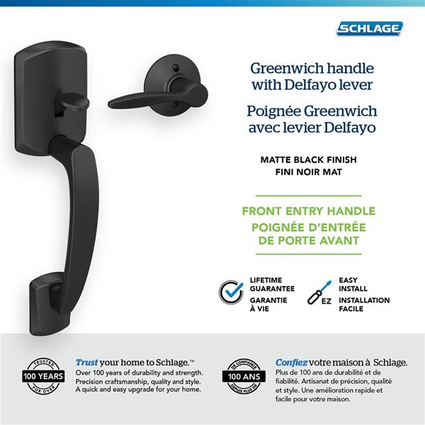 Schlage Greenwich Front Entry Exterior Door Handleset and Delfayo Lever Right Handed Rated AAA - Matte Black