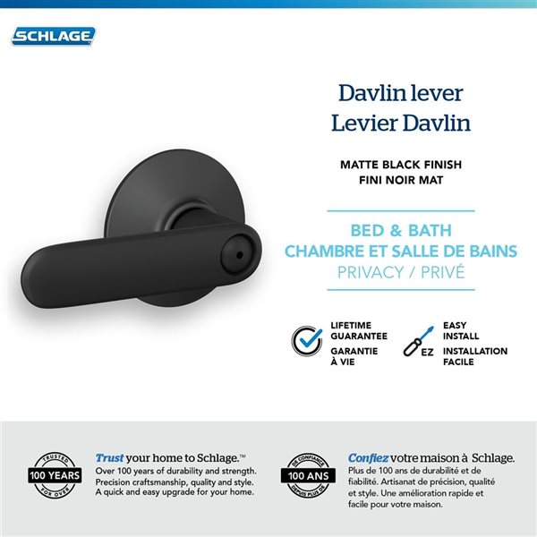 Schlage Davlin Bed/Bath Privacy Door Lock Handle Lever Rated AAA - Matte Black