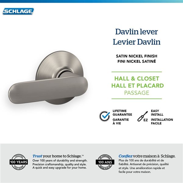 Poignée de porte bec-de-cane Davlin de Schlague pour hall/placard et couloir classée AAA, nickel satiné