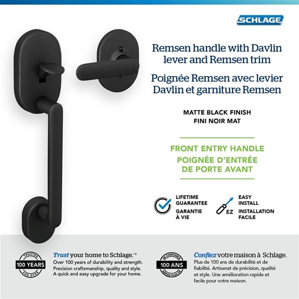 Schlage Remsen Front Entry Exterior Door Handleset and Davlin Lever with Remsen Trim Rated AAA - Matte Black