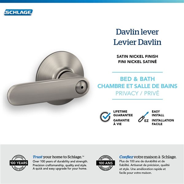 Poignée de porte bec-de-cane Davlin de Schlage à loquet pour chambre/salle de bain classée AAA, nickel satiné