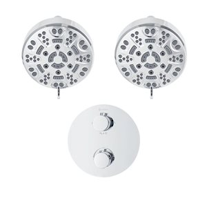 Robinetterie de douche thermostatique à inverseur 4 voies chrome rond akuaplus(MD), 2 pommes de douche à 8 jets rondes