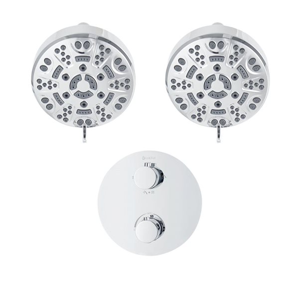 akuaplus® Round Chrome 4-Way Diverter Thermostatic Shower Valve Set w/ Two 8-Setting Round Showerheads