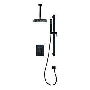 Robinet de douche thermostatique 3 fonctions noir carré akuaplus(MD), tête montée au plafond et douche à main sur mât