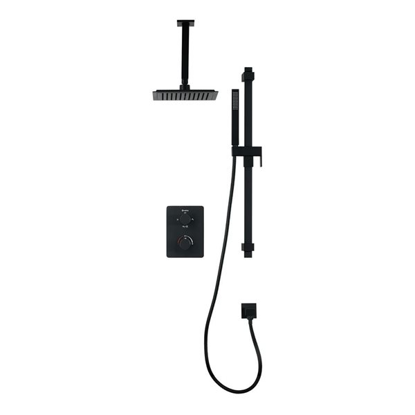 akuaplus® Square Black 3-Function Thermostatic Shower Valve Set w/ Ceiling Mount Shower Head and Hand Shower on post