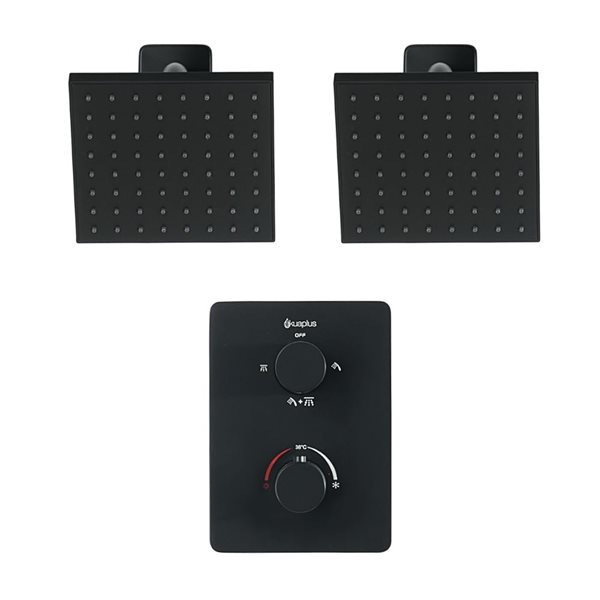 akuaplus® Square Black 3-Function Thermostatic Shower Valve Set w/ 2 Square Showerheads