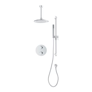 akuaplus® Round Chrome 4-Way Diverter Thermostatic Bath Shower Valve Set w/ Ceiling Showerhead, Hand Shower and Spout