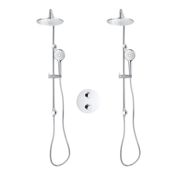 akuaplus® Round Chrome 4-Way Diverter Thermostatic Shower Valve Set w/ 2 Hand Showers and 2 Showerheads