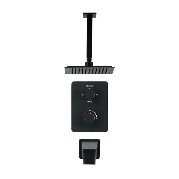 akuaplus® Square Black 3-Function Thermostatic Bath Shower Valve Set w/ Ceiling Mount Shower Head and Spout