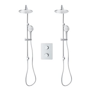 Robinet de douche thermostatique 3 fonctions chrome carré akuaplus(MD), 2 pommes de douche rondes/2 douchettes sur mât