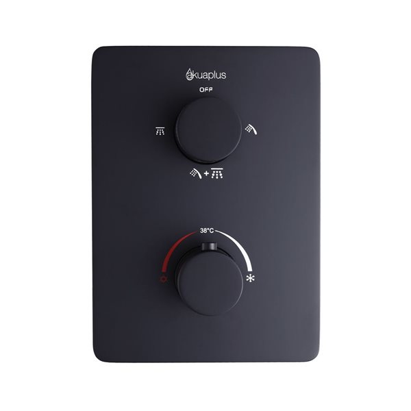 Robinet de douche thermostatique 3 fonctions noir mat carré akuaplus(MD), 2 pommes de douche rondes/2 douchettes sur mât