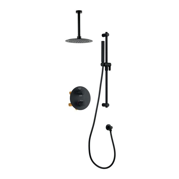 akuaplus® Round Black 4-Way Diverter Thermostatic Shower Valve Set w/ Showerhead and Adjustable Hand Shower on Post