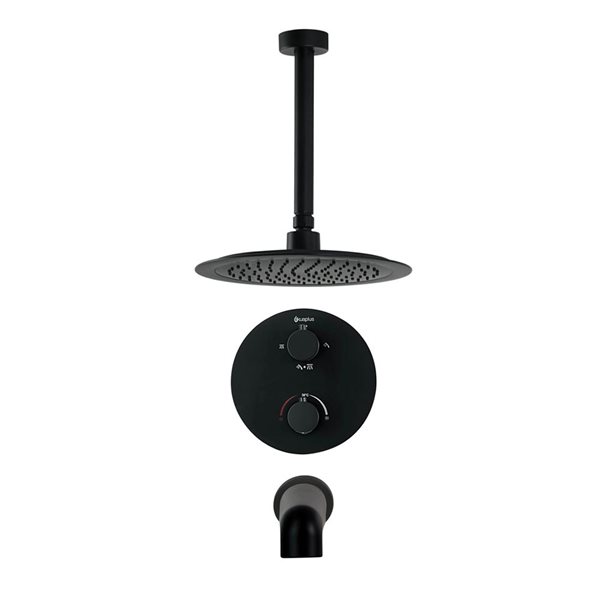 akuaplus® Round Black 4-Way Diverter Thermostatic Bath Shower Valve Set w/ Ceiling Mount Round Shower Head and Spout