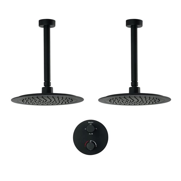 akuaplus® Round Black 4-Way Diverter Thermostatic Shower Valve Set w/ Two 9.5-in Ceiling Mount Round Shower Heads