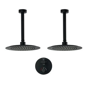 akuaplus® Round Black 4-Way Diverter Thermostatic Shower Valve Set w/ Two 9.5-in Ceiling Mount Round Shower Heads