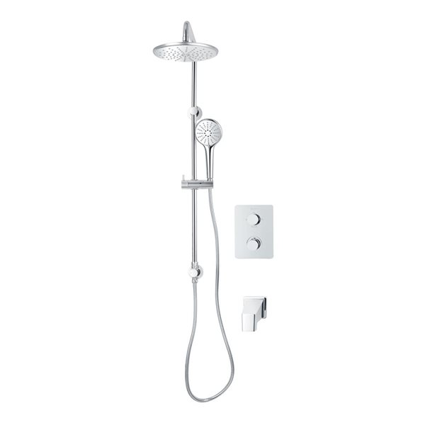 akuaplus® Square Chrome 3-Function Thermostatic Bath Shower Valve Set w/ Showerhead, Hand Shower on Post and Spout