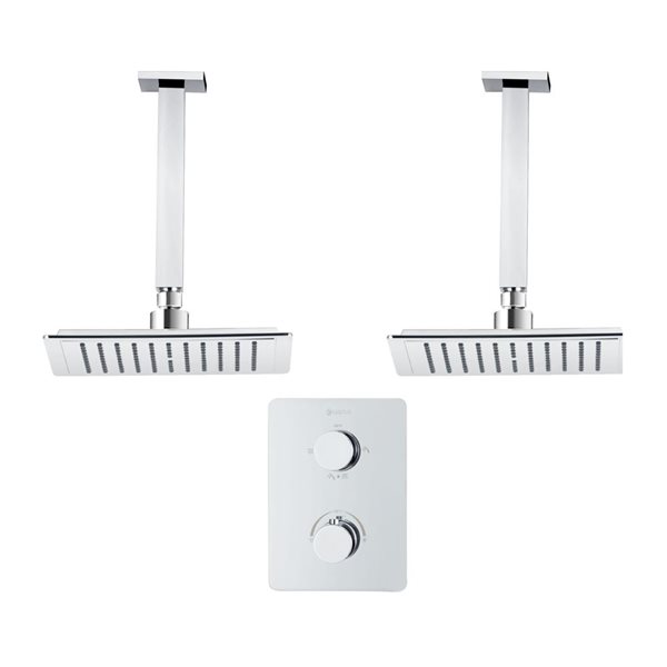 Robinetterie de douche thermostatique à 3 fonctions carrée chromée akuaplus(MD) à 2 têtes montées au plafond