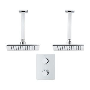 akuaplus® Square Chrome 3-Function Thermostatic Shower Valve Set w/ 2 Ceiling Mount Shower Heads