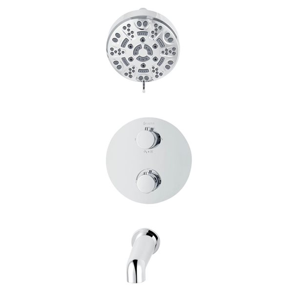 Robinetterie de bain-douche thermostatique à inverseur 4 voies chrome rond akuaplus(MD), tête de douche à 8 jets et bec