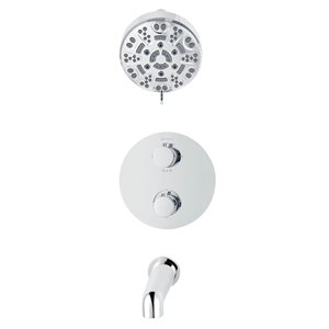 Robinetterie de bain-douche thermostatique à inverseur 4 voies chrome rond akuaplus(MD), tête de douche à 8 jets et bec