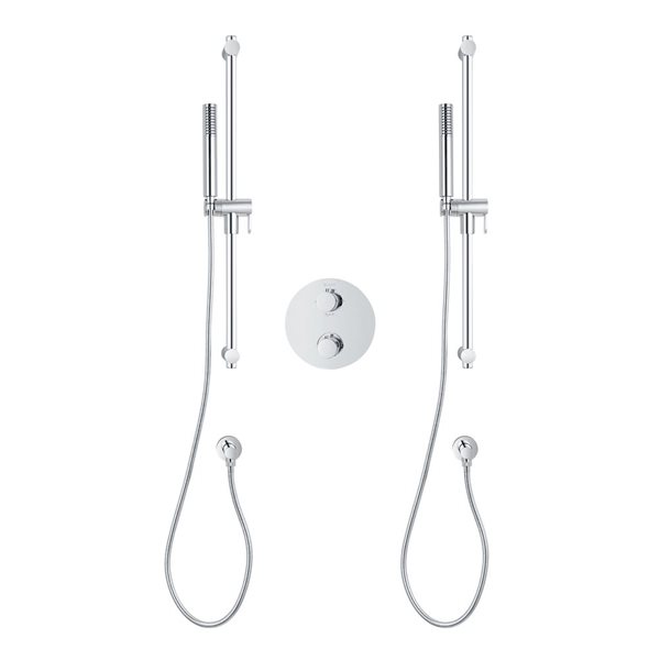 akuaplus® Round Chrome 4-Way Diverter Thermostatic Shower Valve Set w/ 2 Hand Showers on Posts