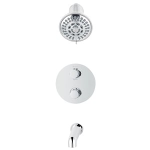 Robinetterie de bain-douche thermostatique à inverseur 4 voies chrome rond akuaplus(MD), tête de douche à 5 jets et bec