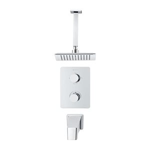 akuaplus® Square Chrome 3-Function Thermostatic Bath Shower Valve Set w/ Ceiling Mount Showerhead and Spout