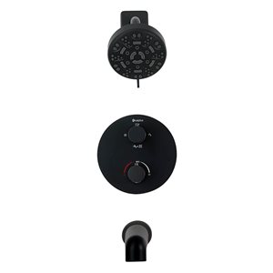 Robinetterie de bain-douche thermostatique à inverseur 4 voies noir rond akuaplus(MD), tête de douche à 8 jets et bec