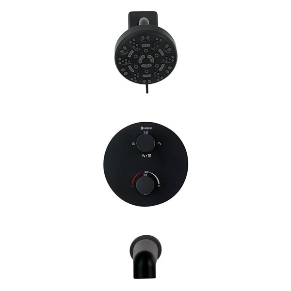 akuaplus® Round Black 4-Way Diverter Thermostatic Bath Shower Valve Set w/ 8-Setting Showerhead and Spout