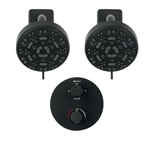 akuaplus® Round Black 4-Way Diverter Thermostatic Shower Valve Set w/ Two 8-Setting Round Showerheads