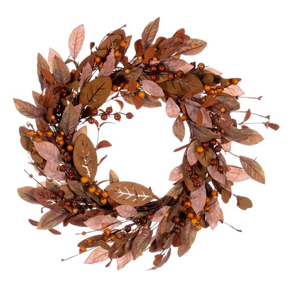 Vickerman 22-in Artificial Light Brown Fall Berry and Wood Leaf Wreath ...