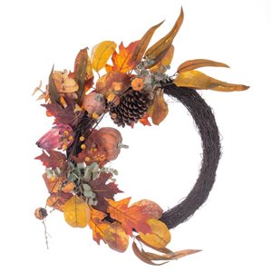 Vickerman 28-in Orange Pumpkin Eucalyptus Pinecone Half Wreath