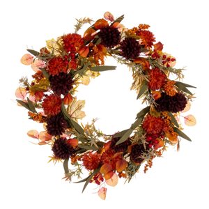 Vickerman 20-in Orange and Burgundy Artificial Mixed Mum, Chinese Lantern, and Berry Wreath