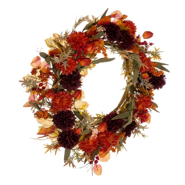 Vickerman 20-in Orange and Burgundy Artificial Mixed Mum, Chinese Lantern, and Berry Wreath