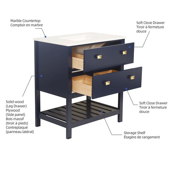 RAINLEX 30-in Navy Blue Freestanding Single Bathroom Vanity w/ Natural Marble Top