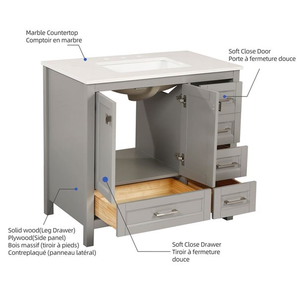 RAINLEX 36-in Grey Freestanding Single Bathroom Vanity w/ Natural Marble Top