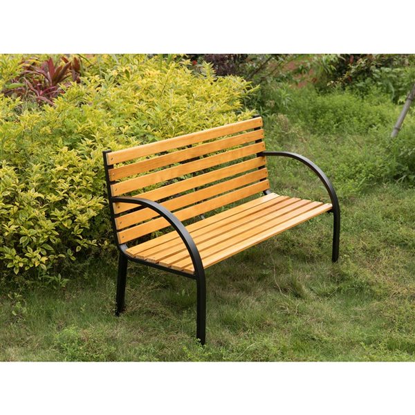 Gardenised Classical Wooden Slats Outdoor Park Bench with Steel Frame