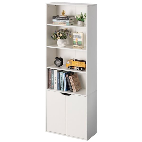 Basicwise 71-in White 4 Tier Open Book Shelf and Bookcases w/ 2 Doors Storage Cabinet and 1 Adjustable Shelf