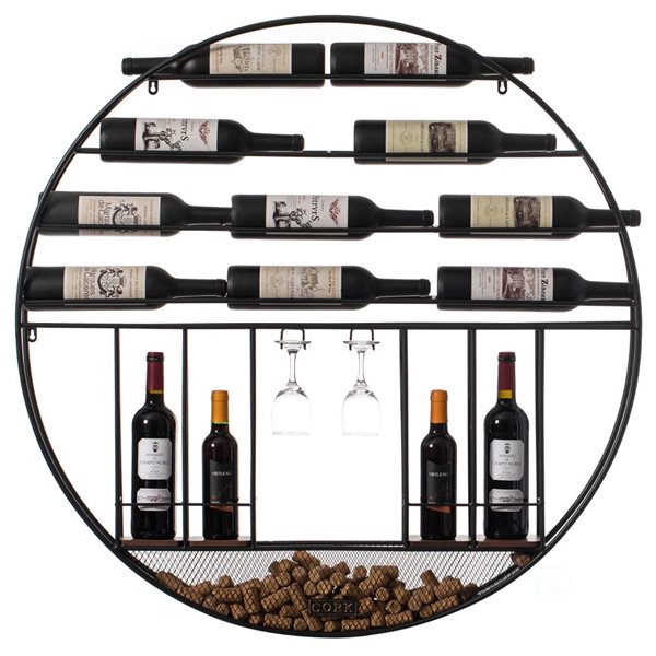 Vintiquewise Vintage Decorative Modern Black Metal Round Wall Mounted Wine Display Rack